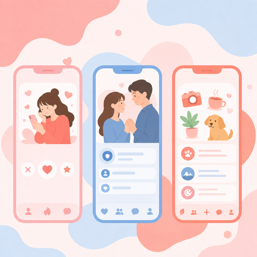 デザインのちがう3つのマッチングアプリの画面が並んでいるイラスト