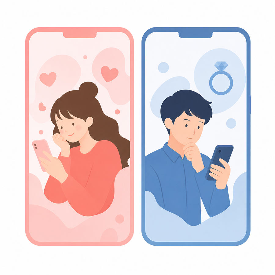 ハートが浮かぶ恋活のスマホ画面と、指輪が浮かぶ婚活のスマホ画面が並んでいるイラスト