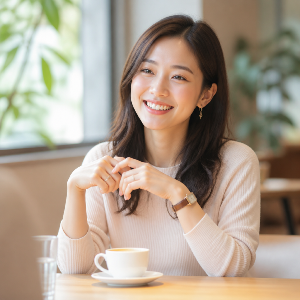 窓際カフェでの女性のGOODプロフィール写真例
