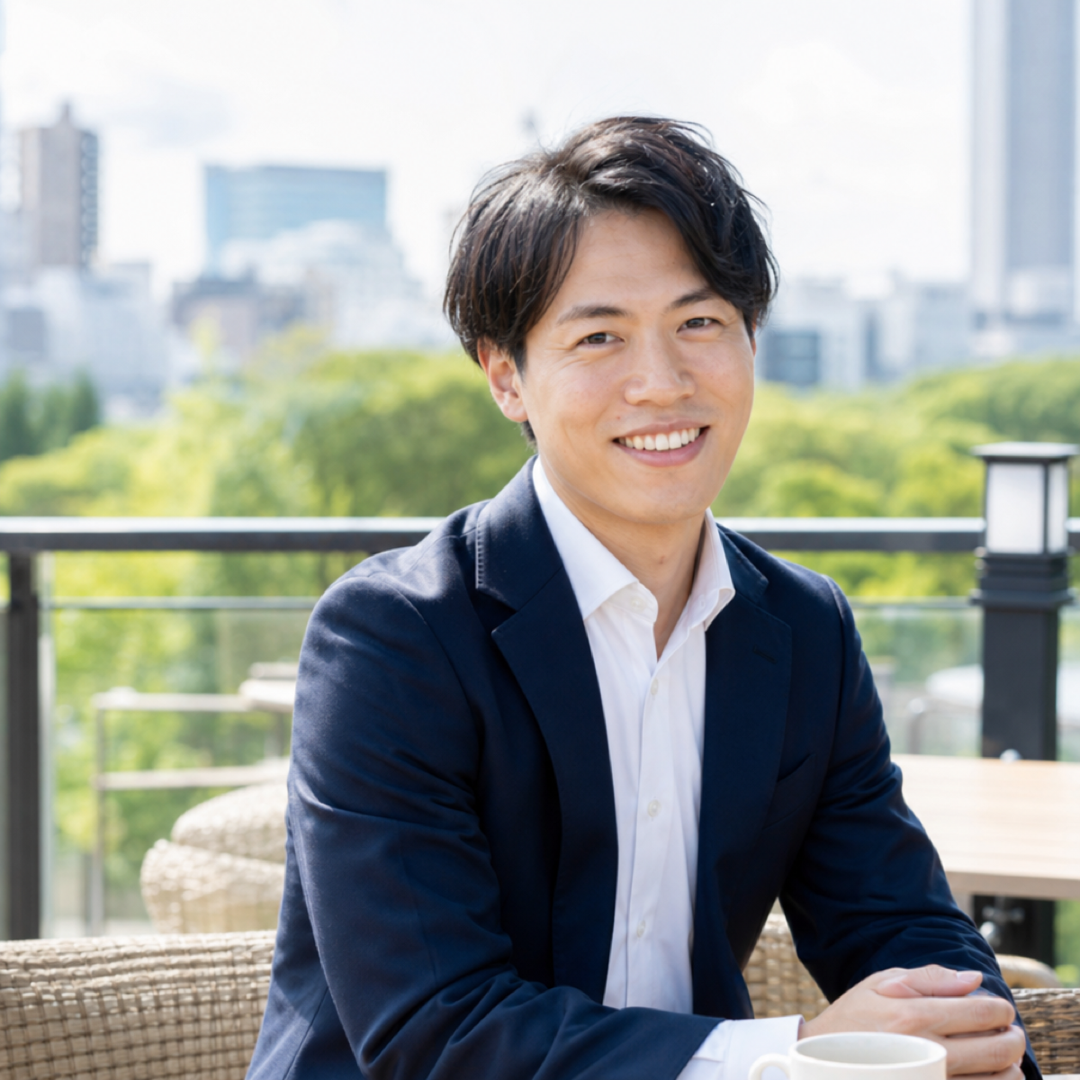 自然光カフェでの男性のGOODプロフィール写真例